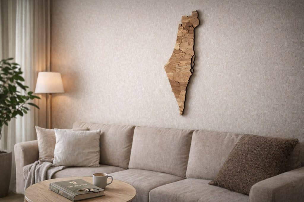 מפת ישראל מעץ על קיר בסלון מודרני בעיצוב מינימליסטי