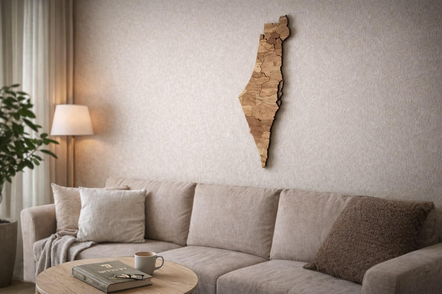 מפת ישראל מעץ על קיר בסלון מודרני בעיצוב מינימליסטי